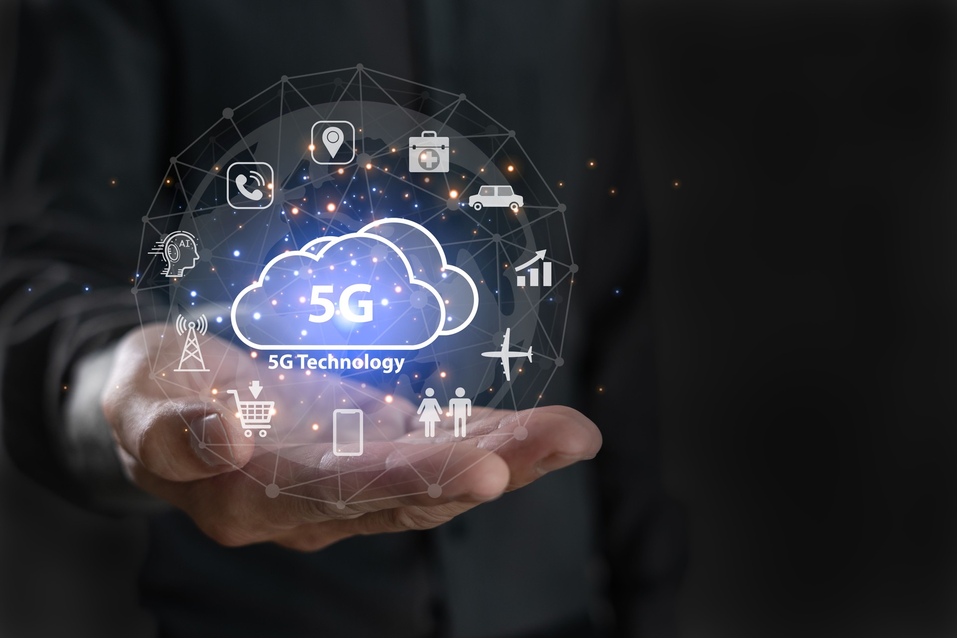 Drahtloses 5G-Netzwerk, Hochgeschwindigkeits-Internet, Cloud-Computing oder Verbindungsdiagrammtechnologie, Datenspeicherung, Service, Synchronisierung, Online, Finanzen, Konnektivität global, Smart City, E-Commerce, Einrichtung